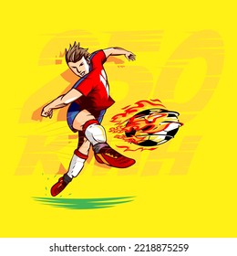 A professional flat vector illustration of a male soccer player executing a super powerful kick. The design features a player in a red jersey and blue shorts with a flaming soccer ball representing a high speed cannonball shot against a bright yellow background. This high quality sports graphic is ideal for athletic branding, sports gaming app icons, football tournament posters, and energetic streetwear designs.