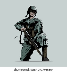 A professional flat vector illustration of a military sniper in a kneeling position. The character is depicted cocking a bolt-action rifle, wearing a vintage-style helmet and tactical gear in a muted olive and charcoal color palette. This high-impact graphic utilizes sharp shadows and a clean comic-book aesthetic, making it ideal for gaming mascots, tactical gear branding, veteran-themed apparel, and military history content.