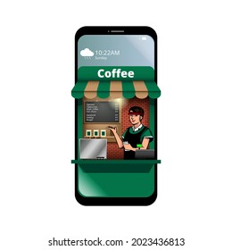 A professional flat vector illustration of a mobile coffee ordering application. The design features a modern black smartphone with a green digital storefront emerging from the screen under a green and tan striped awning. A friendly female barista character stands behind the counter next to a menu board and checkout terminal. The screen shows a cloudy sky with a weather widget, making it ideal for coffee shop marketing, cafe app promotions, and e-commerce business concepts.