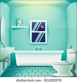 A professional flat vector illustration of a modern bathroom interior at night. The design features a white bathtub, a pedestal sink, and a toilet set against deep teal walls. A dark navy blue window reveals a glowing crescent moon and stars, casting a soft nocturnal light over a potted plant and circular wall mirror, making it ideal for sleep hygiene blogs, late night lifestyle apps, plumbing services, and home decor conceptual art.