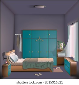 Schlafzimmer am Nachmittag
 Hintergrundgrafik, bearbeitbares Vektorformat.