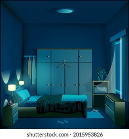 A professional flat vector illustration of a modern bedroom interior at night. The design features a tidy bed with dark blue linens, a large teal wardrobe with a gold hanger, and wooden furniture including a nightstand and dresser. Cool moonlight shines through a window with white curtains, while glowing bedside lamps cast a warm yellow light over a potted plant and slippers on the floor, making it ideal for sleep hygiene blogs, late night lifestyle apps, and home decor conceptual art.