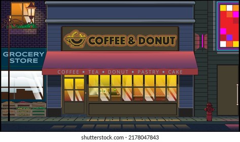 A professional flat vector illustration of a modern coffee and donut shop storefront at night. The building features glowing yellow windows, a red awning, and a prominent Coffee and Donut sign next to a grocery store and a neon lit club. This high quality architectural background includes a street view with a fire hydrant and a glowing lamp post, making it ideal for urban lifestyle blogs, evening commerce headers, and city life website backdrops.