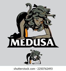 A professional flat vector illustration of the mythical character Medusa from Greek mythology. The design features a woman with a dark skin complexion and glowing yellow eyes crawling on the ground with numerous green snakes for hair. This high quality graphic is ideal for fantasy book covers, dark mythology themed apparel, gaming character art, and historical folklore educational materials.