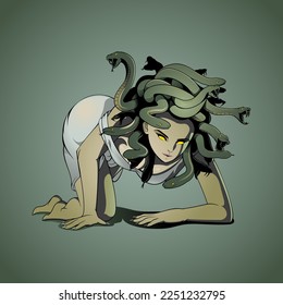 A professional flat vector illustration of the mythical character Medusa from Greek mythology. The design features a woman with a pale complexion and glowing yellow eyes crawling on the ground with numerous green snakes for hair. She wears a simple white garment against a muted olive green background. This high quality graphic is ideal for fantasy book covers, dark mythology themed apparel, gaming character art, and historical folklore educational materials.