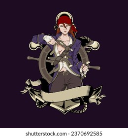 Pirata hembra lista para dibujar su pistola de candado y la ilustración del vector de espada machete