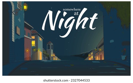 A professional flat vector illustration of a peaceful European street at night leading toward a Mediterranean coastline. The scene features historical buildings with glowing yellow windows, traditional street lanterns, and a dark starry sky. This high quality background includes a bold white Somewhere at Night wordmark and is ideal for travel agency banners, evening holiday themed posters, nightlife blogs, and European tourism advertisements.