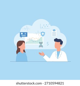 A professional flat vector illustration of personalized and connected healthcare. A male doctor in a lab coat is explaining complex medical data to a female patient, which is visualized in a large clo