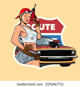 A professional flat vector illustration of a pin up style female mechanic in front of a Route 66 sign. The character wears a red cap and denim shorts while holding a power drill next to a classic black muscle car with orange flames. This high quality vintage emblem is ideal for automotive repair shop logos, garage wall art, classic car show posters, and retro americana themed apparel.