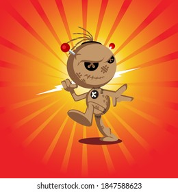 A professional flat vector illustration of a powerful voodoo doll character about to throw a lightning bolt. This dynamic hero mascot features a stitched burlap design with red pinheads, button eyes, and a fierce expression against a vibrant orange and red sunburst background. Perfect for gaming assets, comic book graphics, edgy streetwear branding, and halloween-themed marketing materials.