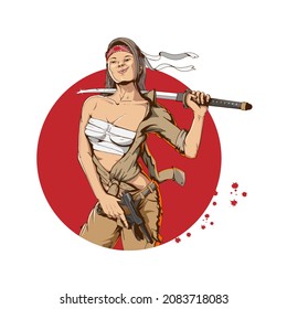 soldado japonés sostiene espada y pistola en la guerra mundial 2 estilo pin up girlpara camisetas, elementos de diseño, afiches o cualquier otro propósito.