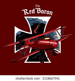 A professional flat vector illustration of the Red Baron Fokker triplane or Biplane in a dynamic aerial combat pose. The red aircraft is depicted firing its machine guns in front of a large Iron Cross insignia and dark smoke clouds. This high quality historical design features bold gothic typography, making it ideal for aviation enthusiasts, military history posters, flight simulator branding, and veteran commemorative apparel. The Red Baron owns the sky, he was the ace of aces of world war 1 with 80 victories