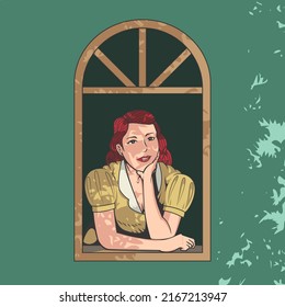 Mujer mirando por el símbolo del vector de ventana, ilustración vintage. la mujer en la ventana posar.