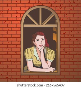 Mujer inclinándose por la ventana en la ilustración de la tarde en estilo vintage. adecuado para afiches, mercadería, fondo o cualquier otro propósito.