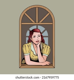 A professional flat vector illustration of a red haired woman leaning out of an arched window while day dreaming. The design features a colorful vintage aesthetic with a soft grey background and clean comic style line art. This high quality character graphic is ideal for lifestyle editorial content, retro boutique branding, cottagecore aesthetic posters, and feminine fashion apparel.