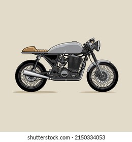 A professional flat vector illustration of a retro cafe racer motorcycle in side profile. The design features a grey fuel tank, brown leather seat, and detailed spoked wheels against a neutral tan background. This high quality automotive graphic is ideal for vintage motorcycle club branding, custom garage logos, biker apparel t-shirt designs, and classic transportation posters.