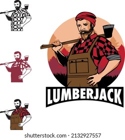 A professional flat vector illustration of a rugged lumberjack with a full beard and mustache. The character wears a red plaid flannel shirt, brown overalls, and a red beanie while carrying a large wood axe over his shoulder. This high quality mascot set includes black and white and maroon variations, making it ideal for forestry branding, woodworking shop logos, outdoor apparel design, and adventure themed emblems.