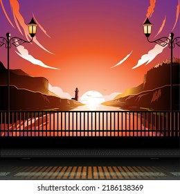 A professional flat vector illustration of a scenic sunset viewed from a bridge. The design features a vibrant orange and purple sky with stylized clouds, two vintage street lamps in the foreground, and a distant lighthouse silhouetted against the sun. This high quality landscape graphic includes a river or sea channel between rocky cliffs, making it ideal for travel website banners, peaceful meditation app backgrounds, and romantic event posters.