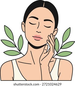 Professionelle, flache Vektorgrafik einer ruhigen Frau, die ihr Gesicht mit botanischen Blättern berührt und die natürliche Schönheit, Wellness und organische Hautpflege symbolisiert. Ideal für kosmetisches Branding, Spa-Marketing, Hautpflege-Verpackungsdesign, Beauty-Blog-Grafiken und ganzheitliche Wellness-Angebote.
