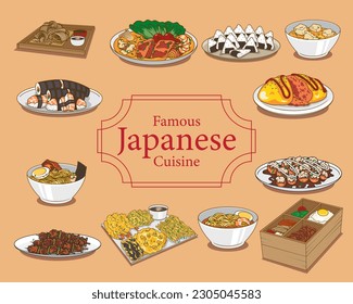 A professional flat vector illustration set featuring various traditional Japanese washoku dishes. The collection includes detailed graphics of ramen bowls, sushi rolls, onigiri rice balls, tempura, takoyaki, bento boxes, and gyoza dumplings. Centered around a Famous Japanese Cuisine wordmark, this high quality asset is ideal for restaurant menus, food delivery apps, culinary blogs, and oriental kitchen decor.