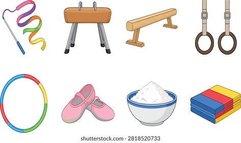 A professional flat vector illustration set showcasing various artistic and rhythmic gymnastics apparatus, training gear, and accessories. This set includes a hula hoop, ballet shoes, chalk bowl, and safety mats, perfect for athletic club branding and tournament materials.