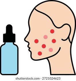 Professional flat vector illustration showing a facial profile with acne spots and a treatment serum dropper bottle, representing dermatology care, blemish treatment, and facial skincare therapy. Ideal for medical education visuals, skincare branding, health awareness campaigns, clinic marketing assets, and beauty product design.

