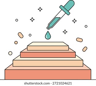 Professional flat vector illustration of a skincare serum dropper applying liquid treatment to skin layers, representing dermatology care, hydration repair, and cosmetic skincare science. Ideal for beauty clinic branding, dermatology infographics, medical spa marketing, and cosmetic product design assets.
