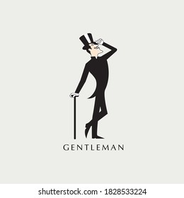 A professional flat vector illustration of a stylish wealthy gentleman in a classic tuxedo. This minimalist character design features a sophisticated man wearing a black top hat, holding a walking cane, and tipping his hat in a polite greeting. Set against a clean light grey background with refined GENTLEMAN typography, this mascot is perfect for luxury branding, premium men's fashion, tailor shops, and high-end lifestyle services.