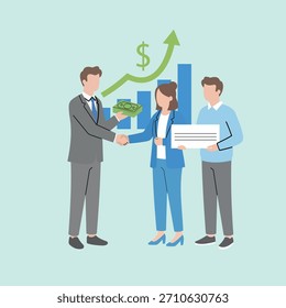 Una Ilustración vectorial plana profesional de una transacción financiera exitosa o un acuerdo comercial. Un hombre de negocios con traje está estrechando la mano de una mujer de negocios de azul, entregando una pila de dinero.