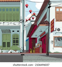 A professional flat vector illustration of a traditional Chinatown market street featuring Southeast Asian shophouse architecture. The scene depicts colorful buildings with green shutters, a red restaurant with hanging lanterns, and a local drug store influenced by styles found in Singapore, Malaysia, and Indonesia. This high quality urban landscape includes detailed elements like utility poles, shop signs, and historical facade designs, making it ideal for travel backdrop, brochures, cultural posters, and heritage site branding.