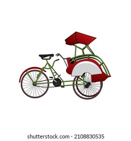 A professional flat vector illustration of a traditional Indonesian pedicab known as a becak. The design features a classic three-wheeled cycle rickshaw with a green frame and a red passenger hood and fenders. This high quality cultural asset is isolated on a white background, making it ideal for Southeast Asia travel brochures, Indonesian heritage posters, transport themed icons, and local tourism branding.