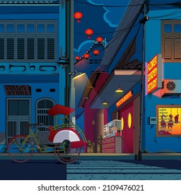 Traditioneller Chinatown Markt in der Abendgrafik
die Architektur, die vom südöstlichen Stil beeinflusst wird, wie in Indonesien, Singapur und Malaysia