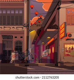 A professional flat vector illustration of a traditional Chinatown street during a warm afternoon featuring Southeast Asian architecture. The scene depicts historical shophouses with green shutters, a red restaurant facade, and hanging lanterns under a sunset sky with orange clouds. This high quality urban landscape reflects styles from Singapore, Malaysia, and Indonesia, including a vintage bicycle and utility poles, making it ideal for travel guides, cultural posters, and heritage branding.