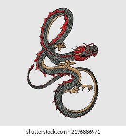 A professional flat vector illustration of a traditional Chinese dragon in a rising or coiled pose. The design features detailed grey scales, red dorsal fins, and golden underbelly accents with sharp claws and a fierce facial expression. This high quality mythological graphic is ideal for Lunar New Year branding, martial arts school logos, oriental themed apparel, and cultural tattoo design inspiration.