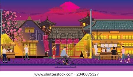 A professional flat vector illustration of a traditional Japanese street in Little Tokyo during a vibrant purple sunset. The scene features authentic architecture with glowing windows, red banners, and illuminated food stalls under a blooming cherry blossom tree. Locals are depicted walking and riding bicycles on the sidewalk with a prominent purple silhouette of Mount Fuji and a pagoda in the distance. This high quality cultural backdrop is ideal for travel agency banners, evening Asian cuisine promotions, and Japanese nightlife advertisements.