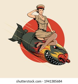 A professional flat vector illustration of a vintage style pin up girl riding a military bomb. The design features a woman in a khaki military uniform and cap saluting while sitting on a bomb decorated with a fierce dragon face and flame decals. Set against a red sun circle background, this classic aviation nose art aesthetic is ideal for retro apparel, military memorabilia, and vintage themed branding.