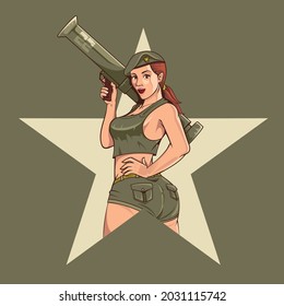 A professional flat vector illustration of a vintage style pin up girl commando shown from the waist up. The character features a classic hairstyle and wears a green military uniform with a brown belt while carrying a large rocket launcher over her shoulder. The design is framed by a large yellow star shape insignia and a circular border on a dark background, making it ideal for nose art revivals, military themed apparel, gaming avatars, and retro sticker designs.