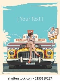 A professional flat vector illustration of a vintage pin up girl sitting on a yellow classic car during the day. The scene is set in front of a retro 24 hour diner with a bright teal sky providing large copy space for custom text. Featuring a Route 66 sign and palm tree accents, this high quality graphic is ideal for summer automotive events, retro cafe decor, travel blogs, and vintage lifestyle social media posts.