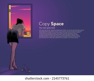 A professional flat vector illustration of a woman leaning out an open window to enjoy a cold drink during a purple sunset. The character is shown from behind wearing a grey t-shirt and black skirt, looking out at a vibrant city skyline as the sun sets. This high quality lifestyle graphic features a large purple copy space for text, making it ideal for evening relaxation blogs, summer beverage advertisements, urban living posters, and calm atmosphere social media content.