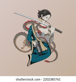 Niña Yakuza con ilustración vectorial del tatuaje del dragón