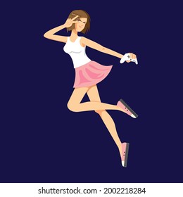 A professional flat vector illustration of a young gaming girl mascot. The character is depicted in a dynamic jumping pose wearing a white tank top and pink skirt while holding a white wireless game controller. Rendered against a dark navy blue background, this high impact graphic features clean lines and a modern anime style, making it ideal for esports branding, streaming channel avatars, gaming blog headers, and youthful apparel design.