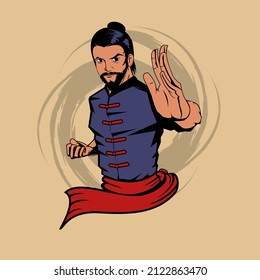 A professional flat vector illustration of a young kung fu master or Shifu in a martial arts combat stance. The character features a traditional top knot hairstyle and beard while wearing a blue martial arts uniform with red accents and a red waist sash. This high quality design is set against a tan background with a subtle circular brush stroke effect, making it ideal for dojo branding, martial arts tournament posters, fitness apparel, and gaming character avatars.