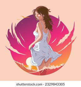 ein schönes Girl-Lächeln beim Spielen am Strand bei Sonnenuntergang im Sommer