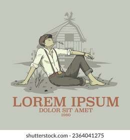 A professional flat vector illustration of a young man with a flat cap and suspenders sitting on the grass while relaxing. The character is shown daydreaming with a piece of straw in his mouth against a backdrop of a traditional farm barn and a weather vane. This high quality vintage style design includes a bold Lorem Ipsum wordmark and is ideal for agricultural branding, organic food labels, rustic apparel, and countryside lifestyle posters.