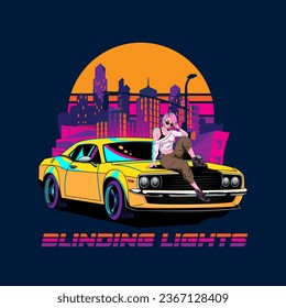 A professional flat vector illustration of a young woman with pink hair and sunglasses sitting on the hood of a classic yellow muscle car. The character is posed in a relaxed manner against a vibrant retrowave sunset and a purple skyscraper skyline. The design uses a high contrast neon palette and is ideal for electronic music posters, automotive branding, streetwear apparel, and 1980s nostalgia themed merchandise.