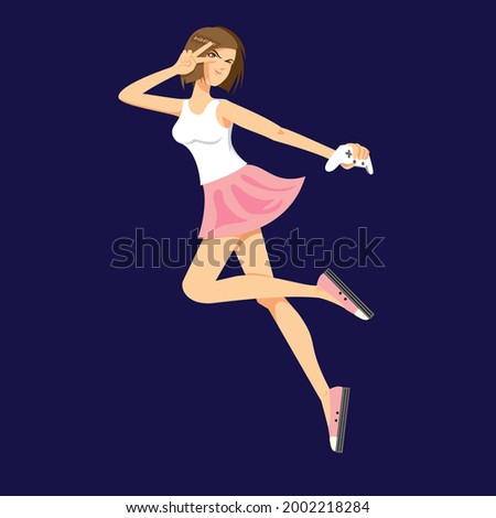 A professional flat vector illustration of a young gaming girl mascot. The character is depicted in a dynamic jumping pose wearing a white tank top and pink skirt while holding a white wireless game controller. Rendered against a dark navy blue background, this high impact graphic features clean lines and a modern anime style, making it ideal for esports branding, streaming channel avatars, gaming blog headers, and youthful apparel design.