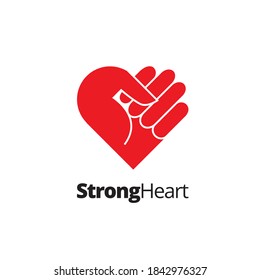A professional flat vector logo featuring a creative Strong Heart concept where a human hand fist is shaped into a heart silhouette. This minimalist red graphic symbolizes courage, emotional strength, passion, and resilience. Set against a clean white background with bold "StrongHeart" typography, this emblem is perfect for charity organizations, fitness brands, healthcare services, and motivational platforms.