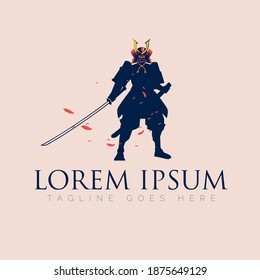 A professional flat vector logo featuring a Japanese Samurai warrior concept. The design showcases a powerful silhouette of a samurai in traditional armor and a horned kabuto helmet, standing in a ready stance with a sharp katana sword. Surrounded by falling red cherry blossom petals, this elegant and fierce character perfect for martial arts dojos, gaming team branding, security firms, and cultural Japanese-themed businesses.