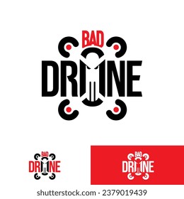 A professional flat vector logo featuring a stylized drone integrated with a skull mascot design. The composition uses bold black and red geometric shapes to form the drone propellers and a central skull face with angry eyes. This high quality emblem includes Bad Drone typography and is ideal for FPV racing teams, technology startups, security firms, and gaming community branding. The set includes variations for different background colors to ensure maximum versatility for merchandise and digital media.