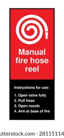 Professional flat vector manual fire hose reel sign featuring a fire hose reel symbol with step-by-step operating instructions for emergency use. Ideal for commercial buildings, offices, warehouses, factories, schools, hospitals, industrial facilities, fire safety training, emergency evacuation plans, and workplace safety signage.